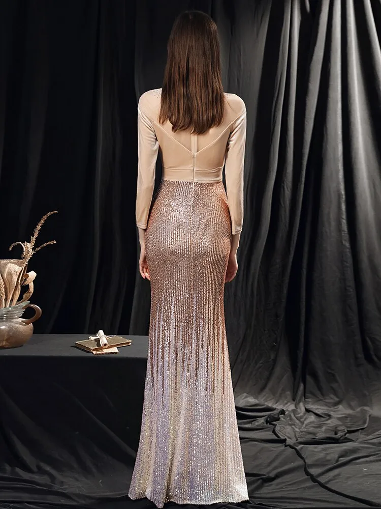 Weiyin AE0581 Robe De Soiree New Sexy 3/4 Sleeve Prom Dress Mermaid Burgundy Sequined Long Evening Dresses Elegant Abendkleider
