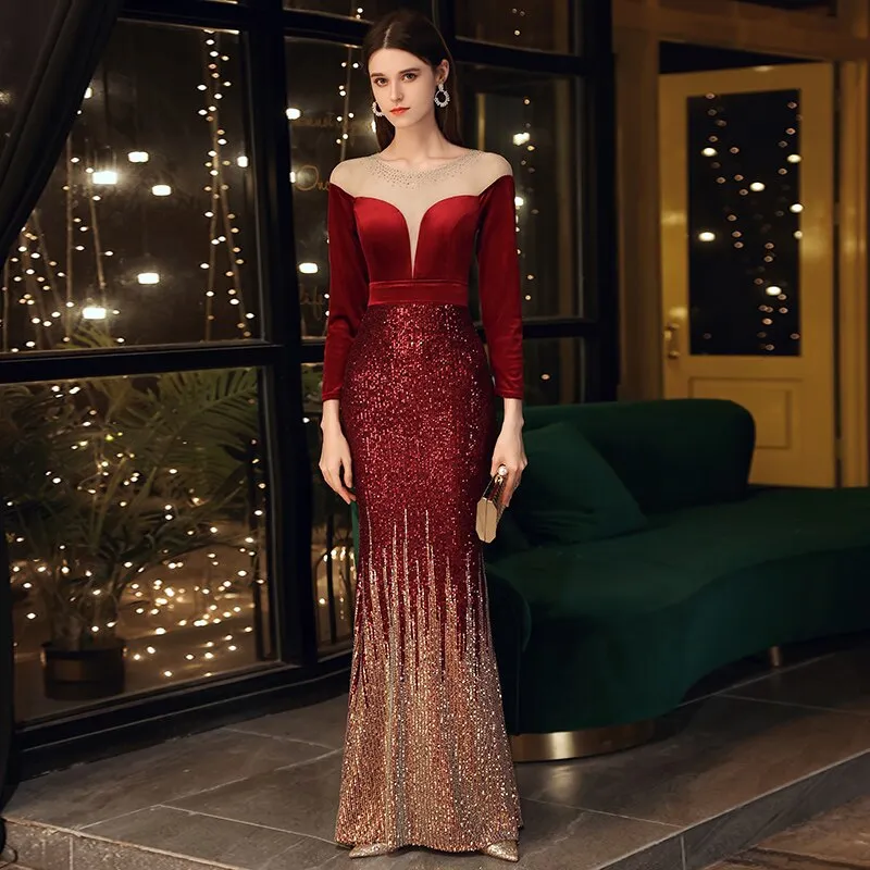 Weiyin AE0581 Robe De Soiree New Sexy 3/4 Sleeve Prom Dress Mermaid Burgundy Sequined Long Evening Dresses Elegant Abendkleider