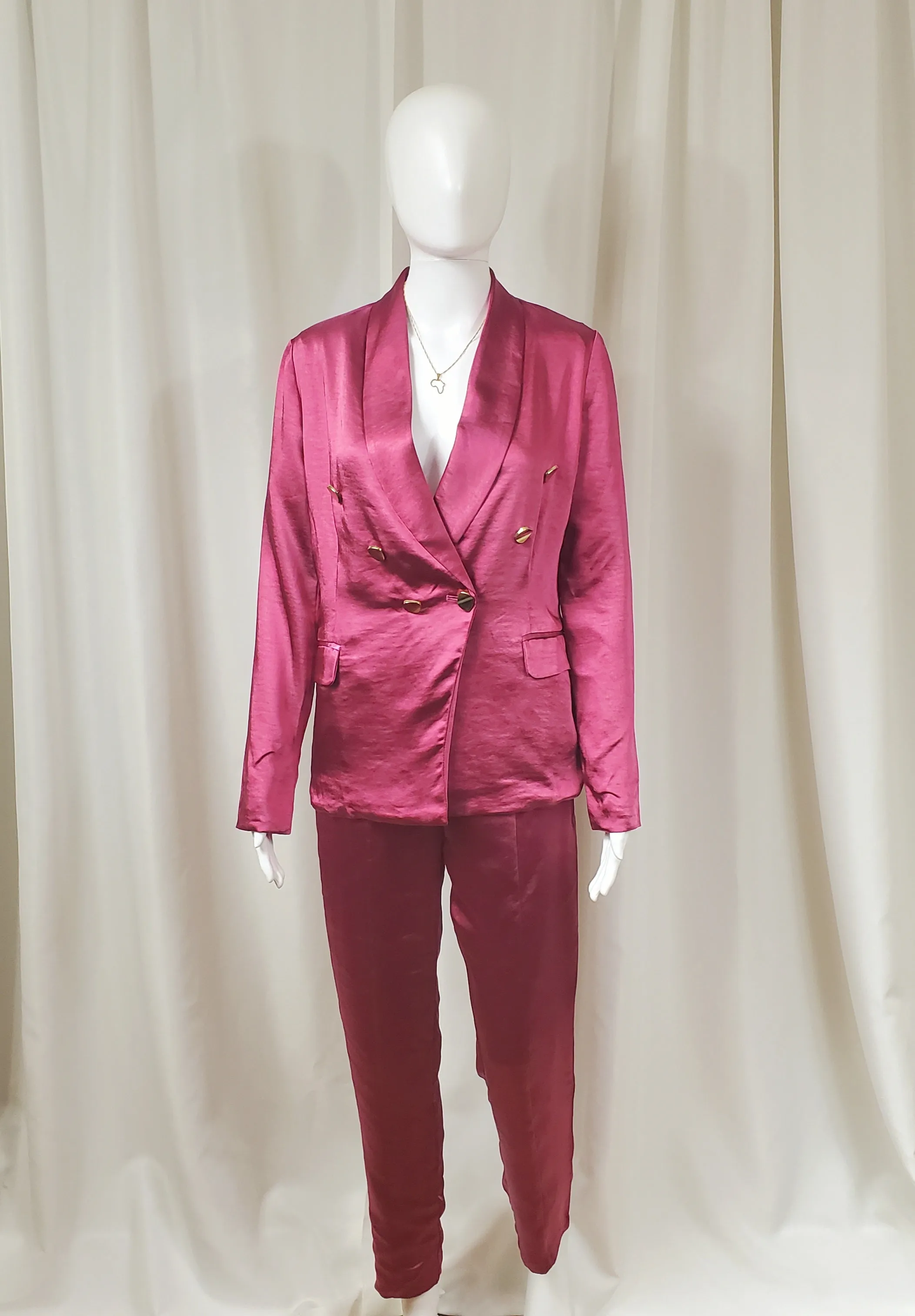 White Satin Double Breasted Pants Suit
