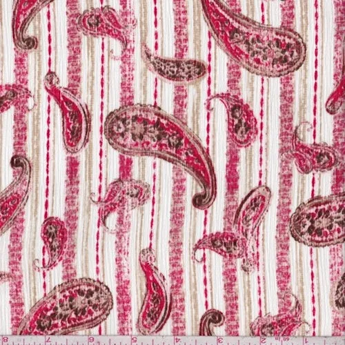 White/Ruby/Tan Paisley/Stripe Crinkled Crepe Fabric