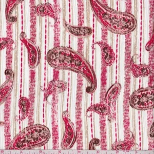 White/Ruby/Tan Paisley/Stripe Crinkled Crepe Fabric
