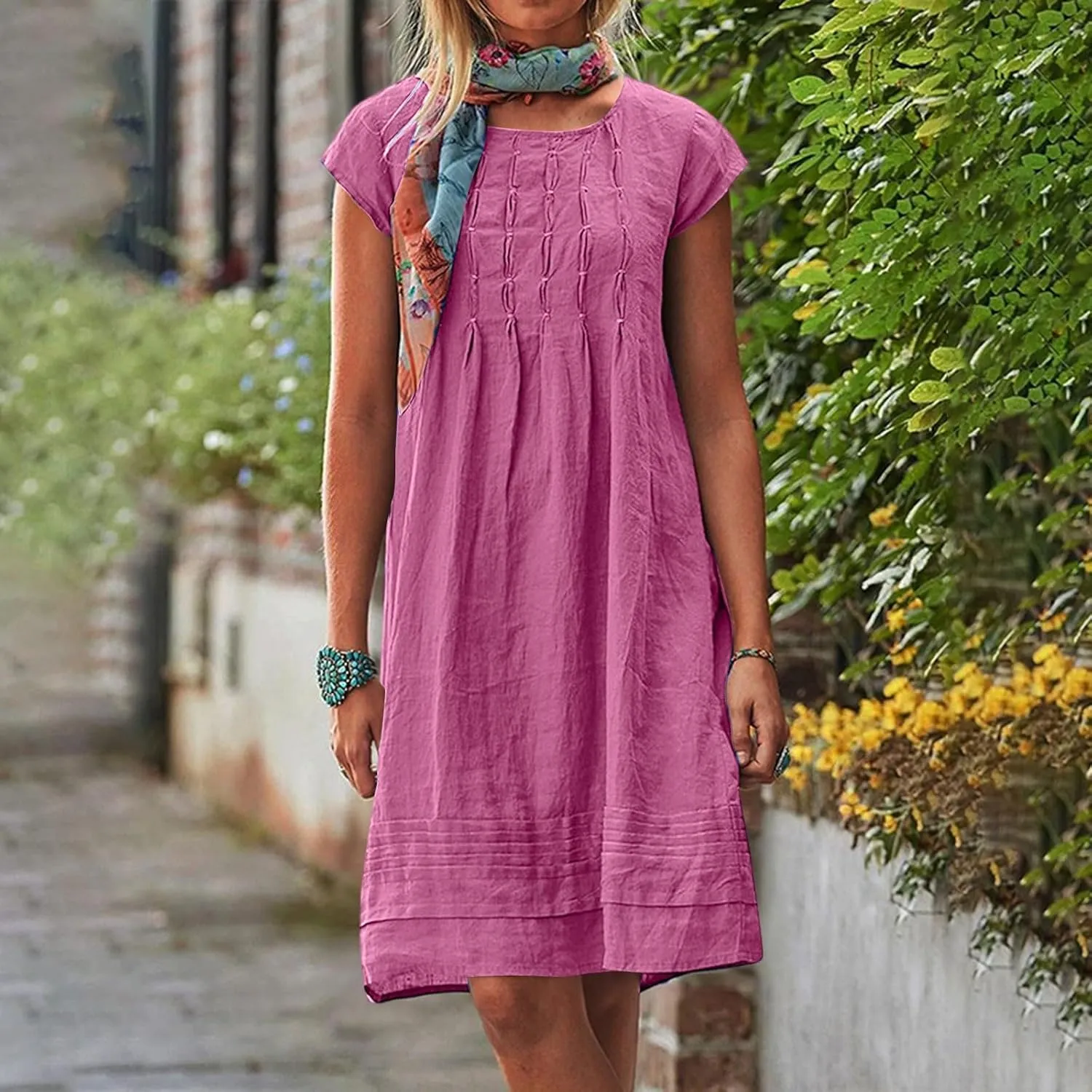 Womens Linen Dresses Trendy Plus Size Summer Short Sleeve Midi Dress Casual Elegant Smocked Flowy Knee Length Dress