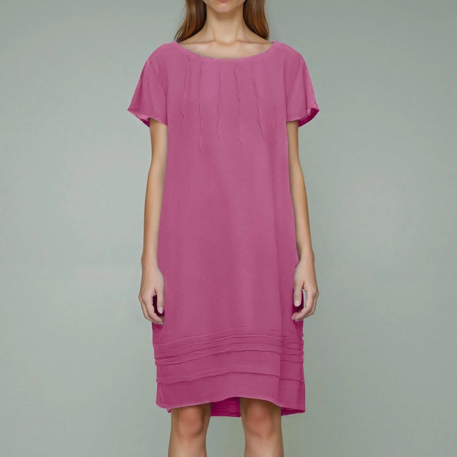 Womens Linen Dresses Trendy Plus Size Summer Short Sleeve Midi Dress Casual Elegant Smocked Flowy Knee Length Dress