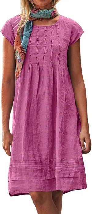 Womens Linen Dresses Trendy Plus Size Summer Short Sleeve Midi Dress Casual Elegant Smocked Flowy Knee Length Dress