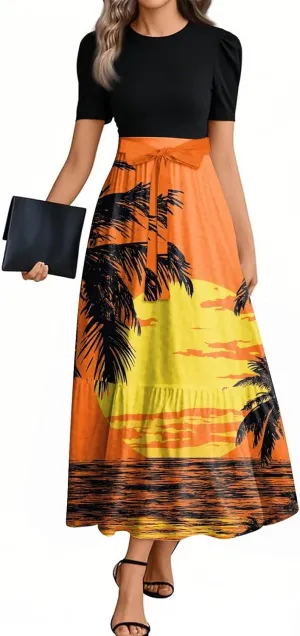 Womens Modest Dresses Maxi Modest Empire Floral Spring Belted Short Sleeve Tie Waist Wedding Guest Dresses for Women