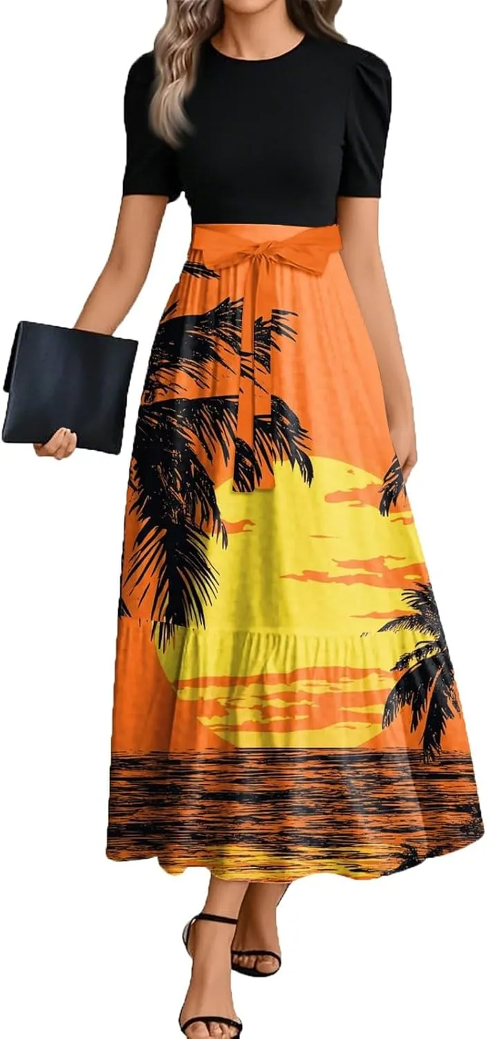 Womens Modest Dresses Maxi Modest Empire Floral Spring Belted Short Sleeve Tie Waist Wedding Guest Dresses for Women