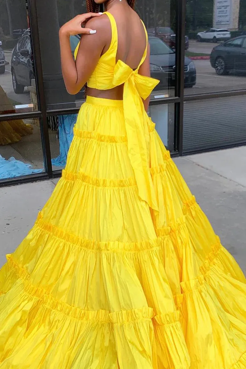 Yellow Two Piece Satin Long Prom Dresses
