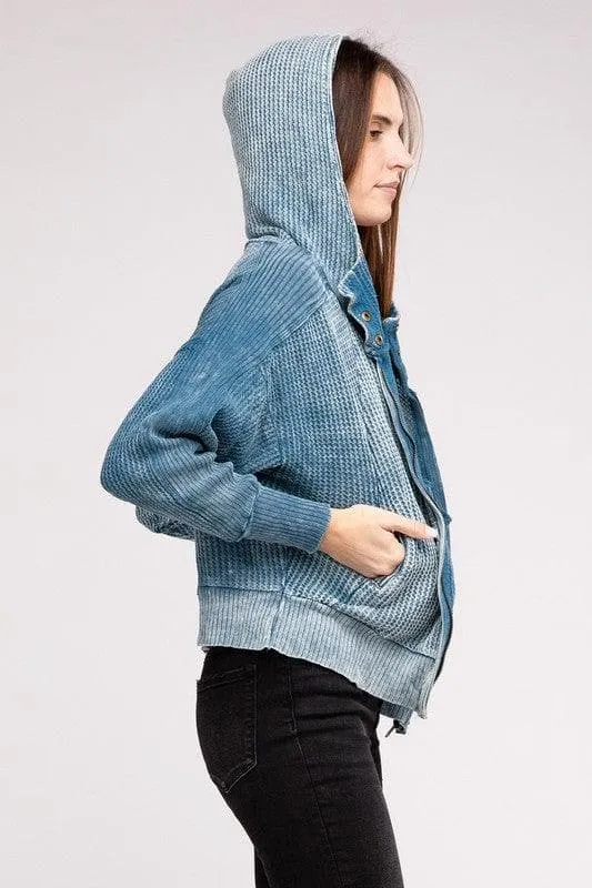 ZENANA Acid Wash Cotton Waffle Hooded Zip-Up Jacket