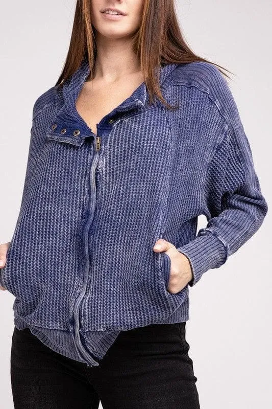 ZENANA Acid Wash Cotton Waffle Hooded Zip-Up Jacket