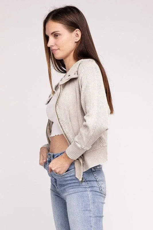 ZENANA Acid Wash Cotton Waffle Hooded Zip-Up Jacket
