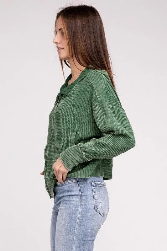 ZENANA Acid Wash Cotton Waffle Hooded Zip-Up Jacket