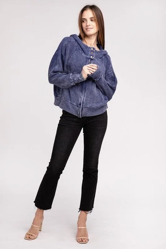ZENANA Acid Wash Cotton Waffle Hooded Zip-Up Jacket